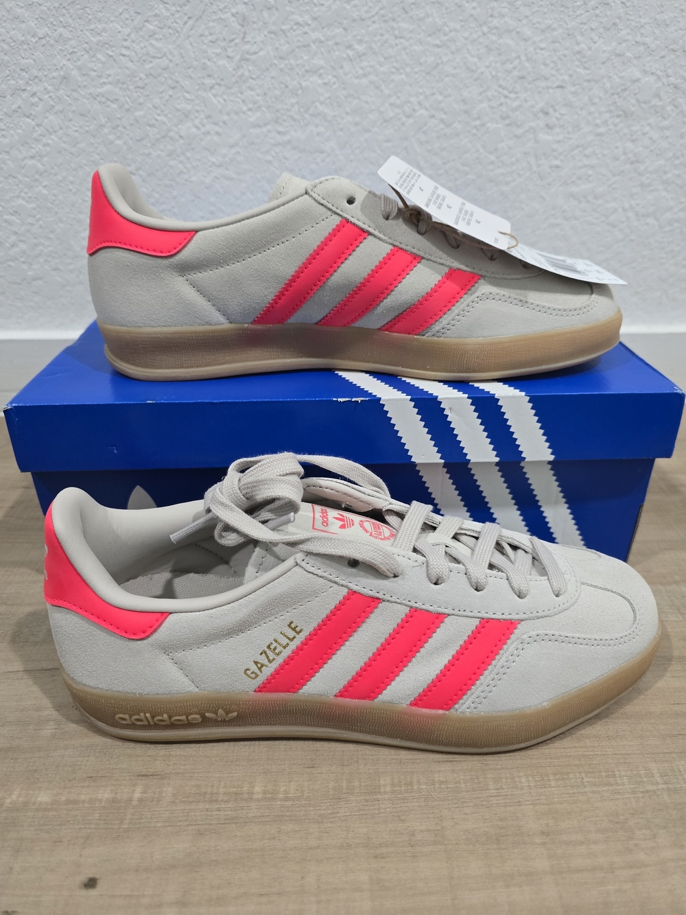 adidas Gazelle Sneakers in Beige with Neon Pink Stripes